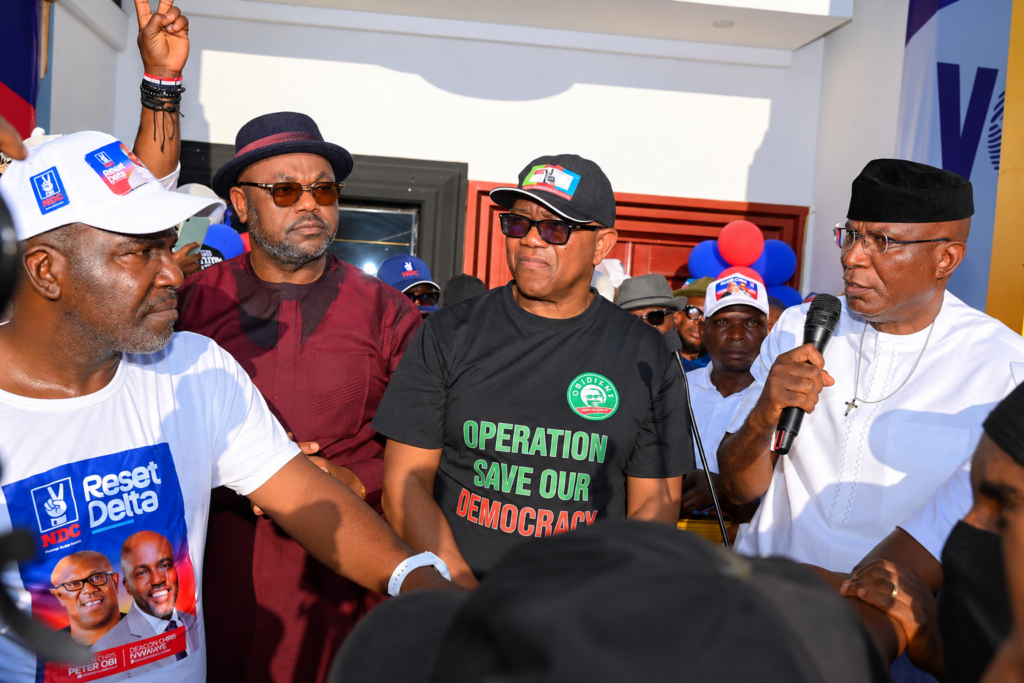 Dcn. Chris Iyovwaye,  Rt. Hon Victor Ochei, Mr. Peter Obi, Senator Ovie Omo-Agege at the commissioning of NDC Delta State secretariat 
